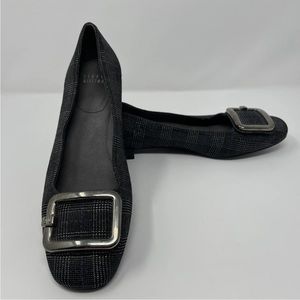 Stuart Weitzman Gray Blue Silver Plaid Flat Shoe Square Gunmetal Buckle Size 7